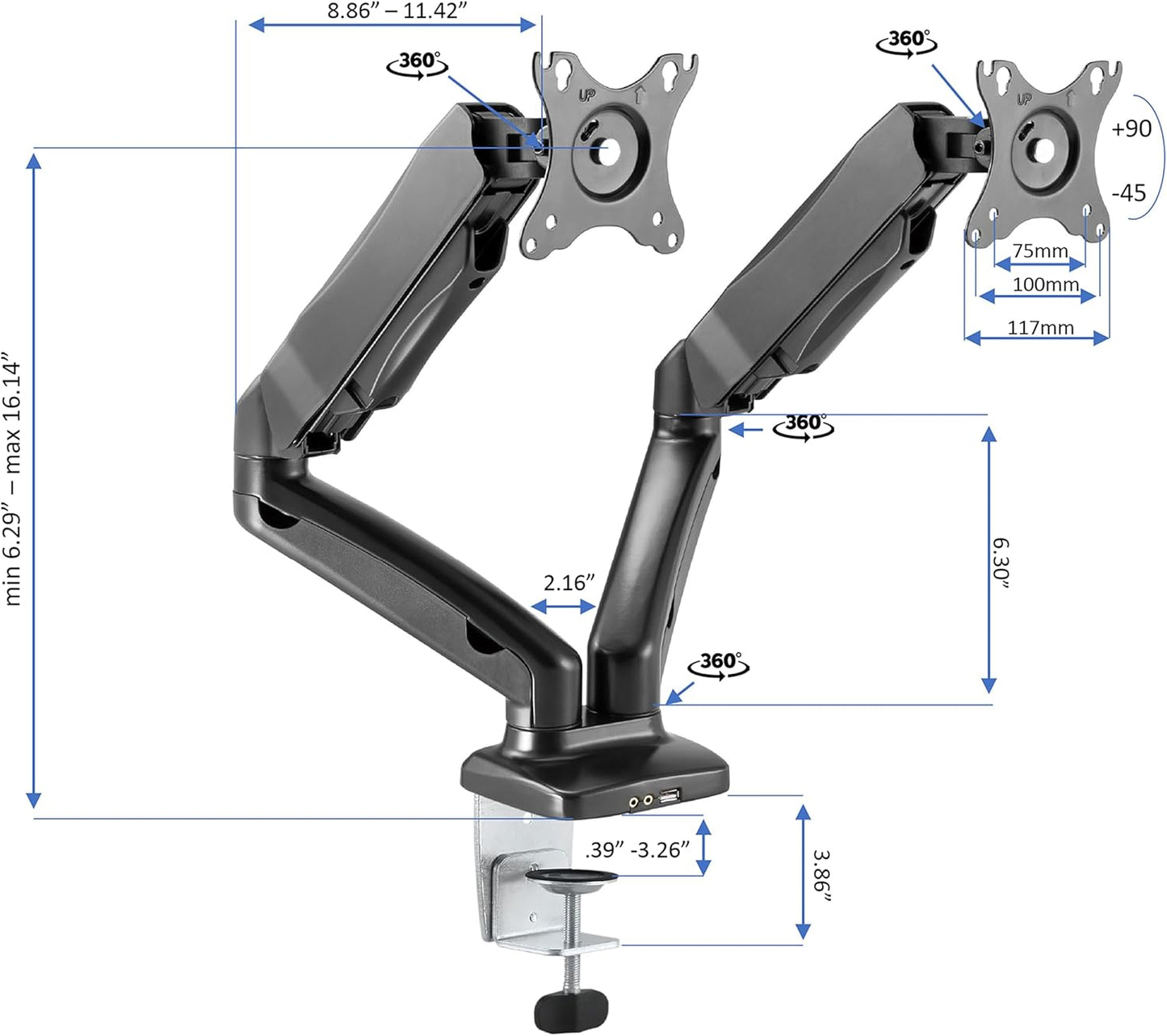 Rocelco 40" Height Adjustable Standing Desk Converter with AC Outlet USB Charger and Dual Monitor Arm Mount - Sit Stand Up Tabletop Riser - Sliding Keyboard Tray - Black (R DADRB-40-ACUSB-MA2)