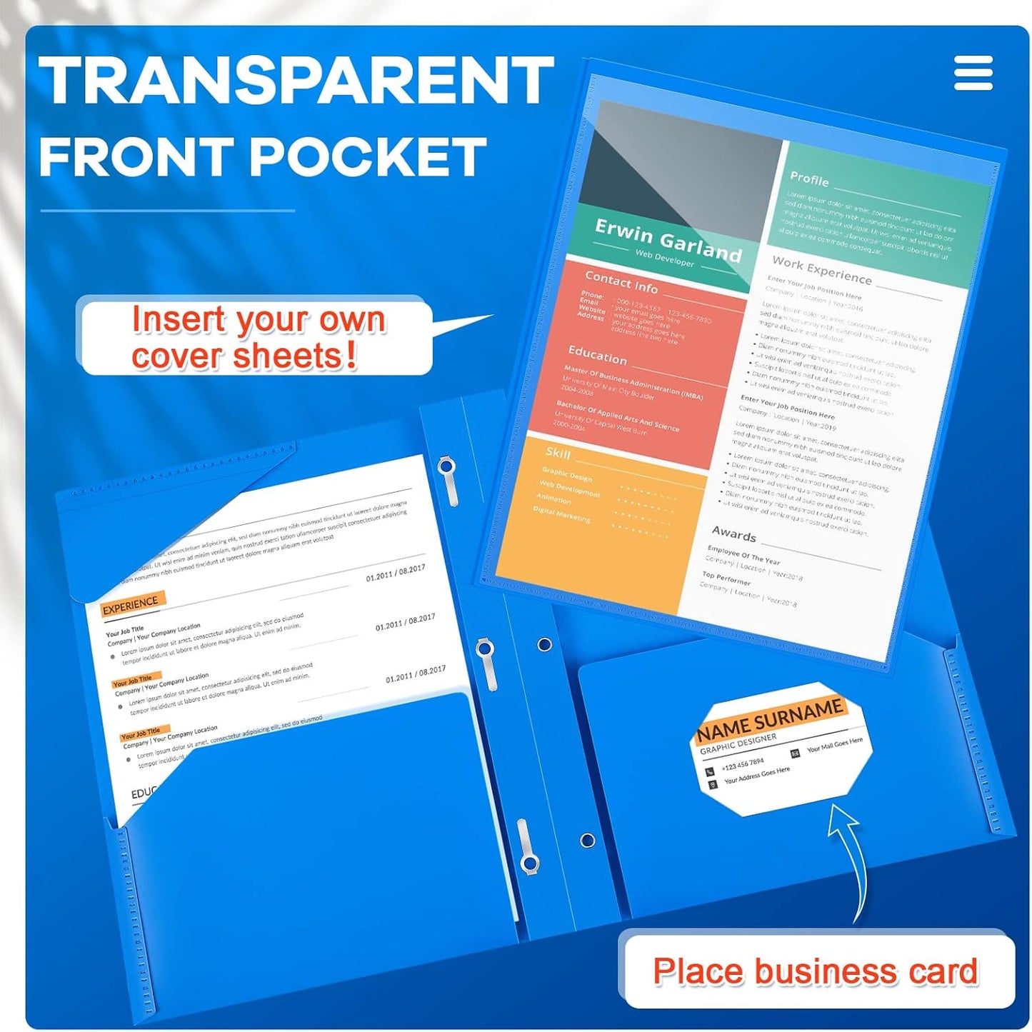 Henoyso 36 Pcs Plastic Folder with Clear Front Pocket and 3 Prong Plastic Folders with Card Slot Pocket Folders with Prongs for School Office (Blue)