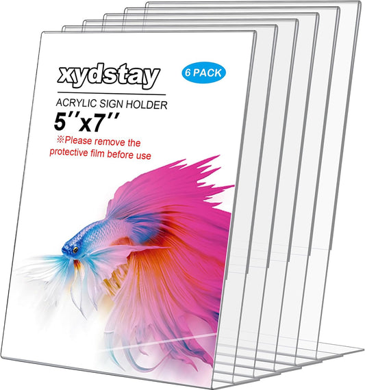 6pack Acrylic Sign Holder 5x7 for Picture Frames, L Shape Clear Plastic, Plastic Sign Holder,Menu Holder, Unbreakable Table Sign Holder for Restaurant, Office, School, Store and Home Use