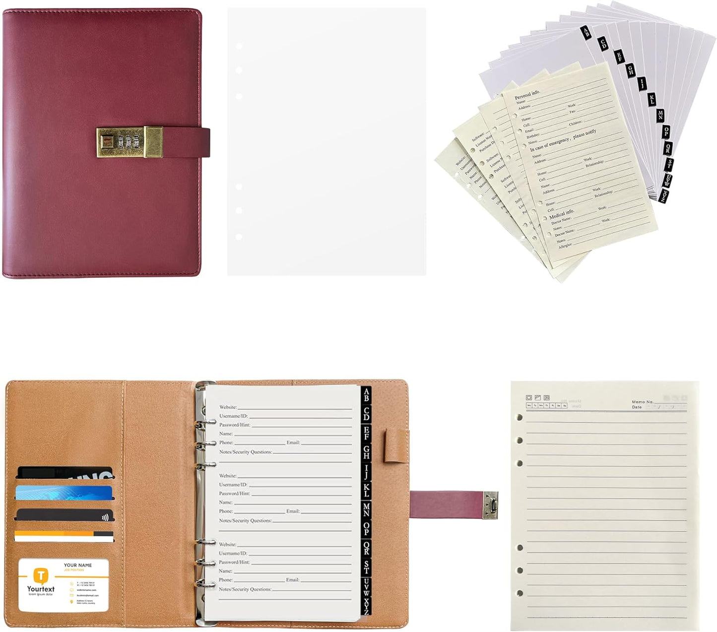 A5 Password Book with Combination Lock & Alphabetical Tabs, 302 Pages Leatherette Hardcover Internet Address & Password Organizer Logbook, Large Print, Refillable, 576 Entries, for Seniors