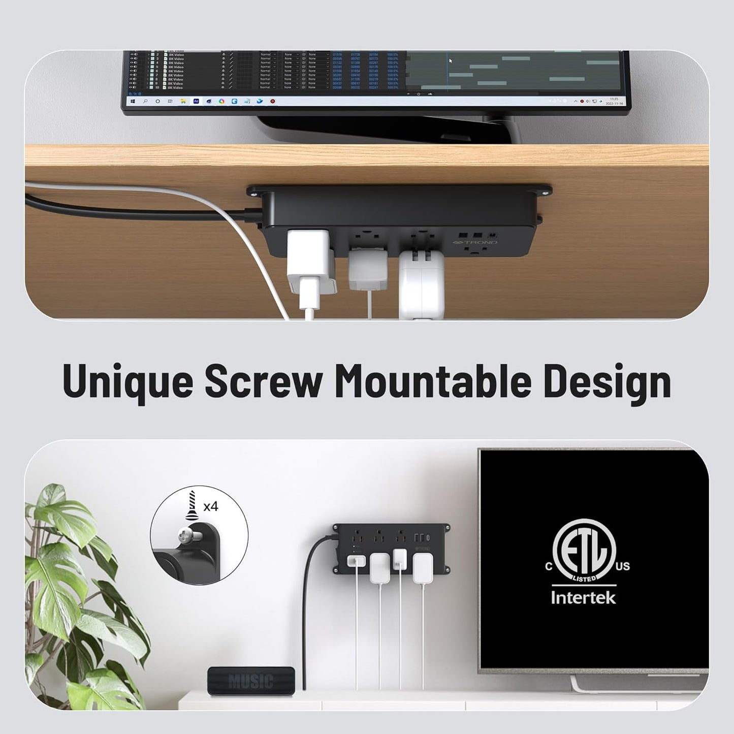 TROND Surge Protector Power Strip, Flat Plug 15ft Long Extension Cord, 7 Widely-Spaced Outlets with 3 USB Ports, ETL Listed, 1700J, Wall Mountable, for Home Office Garage, Black