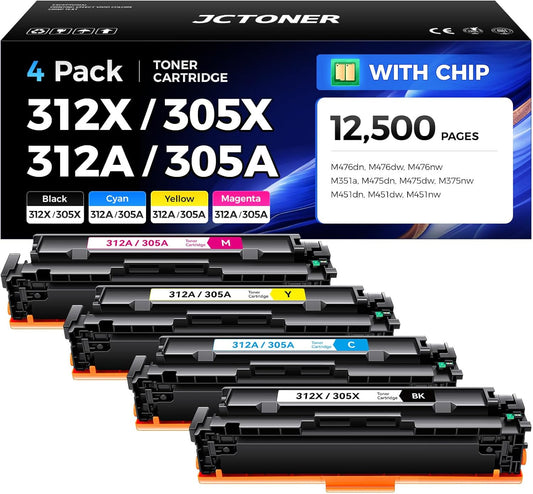 312X 312A Toner Cartridge Set 4-Pack Replacement for HP 312X 312A 305A 305X for Laserjet Pro 400 Color MFP M475dn M475dw M451dn M451dw M451nw Pro 300 M375nw M351a M476dw M476nw M476dn Printer Ink