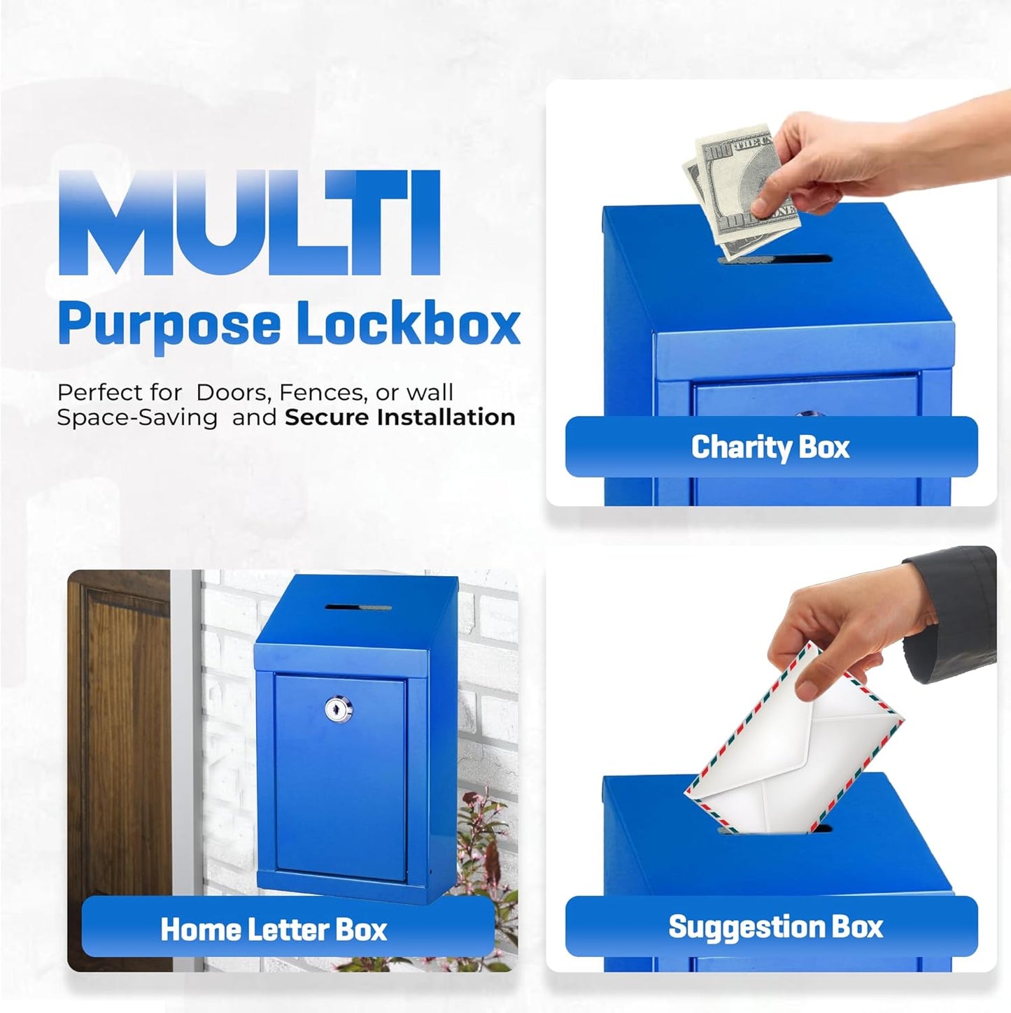 Metal Donation Box-Suggestion Box with Slot and lock-Cash Lock box for Money-Secure Drop Box-Comment and ballot voting box-comes with pre-drilled holes for easy wall mounting 10 X 6 X 2.5"(Blue)