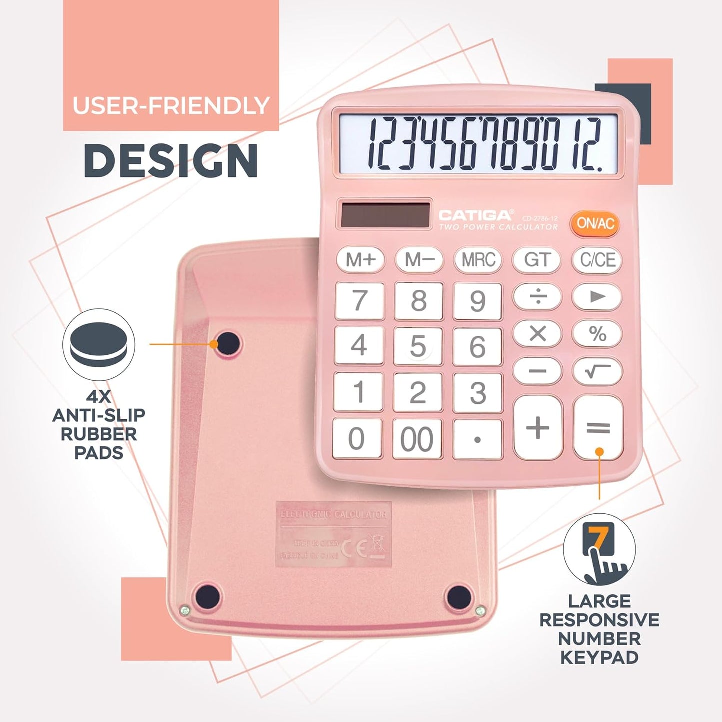 CATIGA 12 Digits Desktop Calculator with Large LCD Display and Sensitive Button, Dual Solar Power and Battery, Standard Function for Office, Home, School, CD-2786(Light Pink)