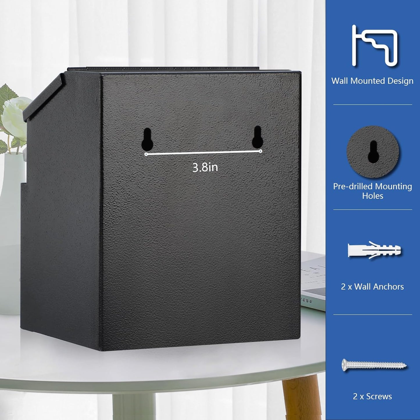 KYODOLED Suggestion and Ballot Box with Lock and Slot, Metal Wall Mounted Donation Key Drop Box with Clear Acrylic Sign Holder and 50 Free Suggestion Cards & 2 Keys, 8.5H x 5.9W x 7.3L Inch, Black