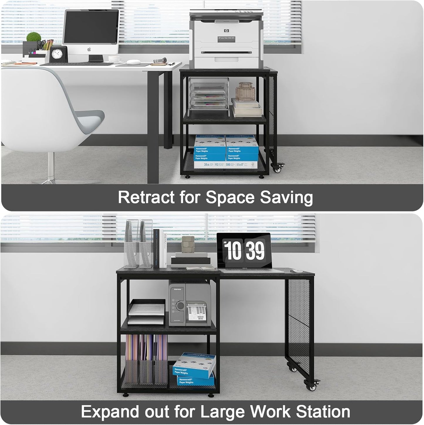 Natwind 24''x20''x29'' Large Printer Stand with Storage Shelves,Extendable Home Craft Table,Home Office Organization Desk, Versatile Table for Home Office, Kitchen, Study Room, Living Room (Black)