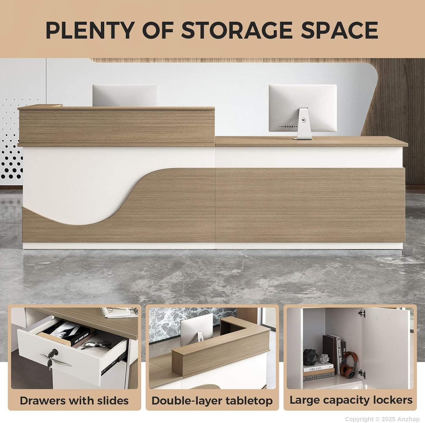 Modern Reception Desk – L Shaped Front Desk Checkout Counter with Drawers, Storage Cabinet and Double-layer tabletop for Office, Salon, Lobby, Cashier (White+Natural/Right, 71"L * 24"W * 39"H)