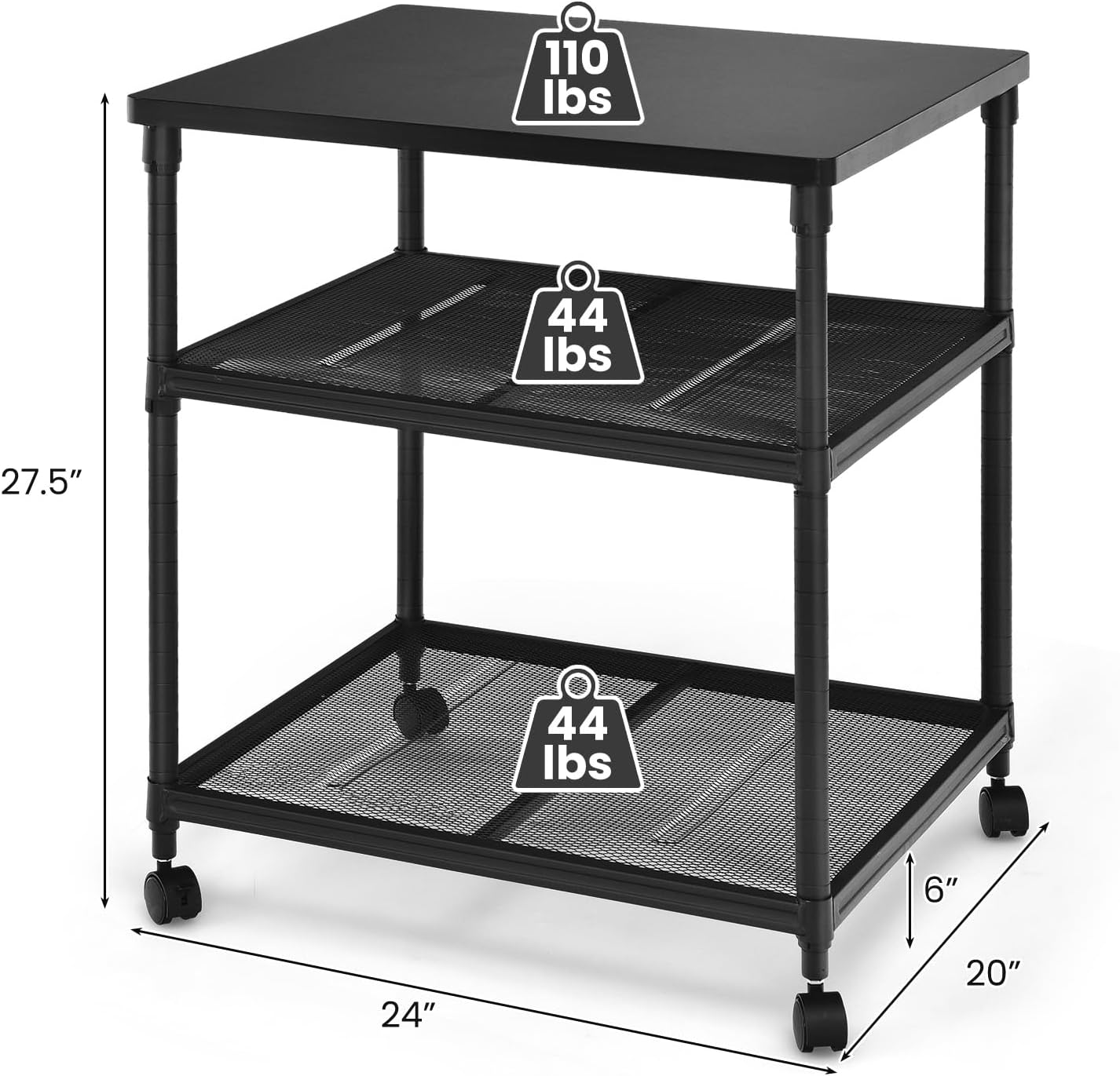 Tangkula 3-Tier Printer Stand Printer Cart, Multifunctional Utility Cart w/Ample Storage Space, 360° Swivel Rolling & Lockable Wheels, Sturdy Iron Frame, Adjustable Heights, Organizer for Office