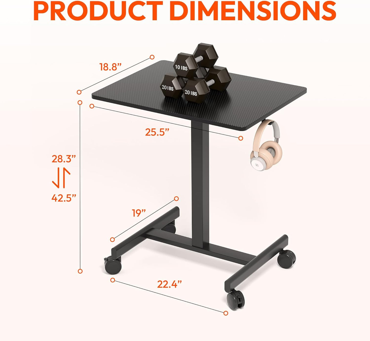 Mobile Small Standing Desk, Gas Spring Adjustable Height Rolling Portable Laptop Desk with Lockable Wheels/Laptop Stand/Hook Rolling Podium (Carbon Fiber Top + Black Frame, 18''×26'')