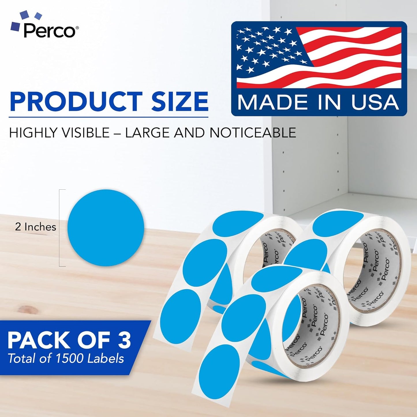 Perco Light Blue 2-Inch Round Circle Dot Sticker Labels - Multi-Roll Pack (3 Rolls, 500 Labels Each) - Permanent Adhesive, Vibrant Colors, Strong Hold - Perforated for Easy Use - Made in USA