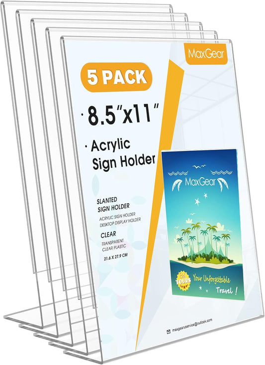 MaxGear Acrylic Sign Holder, Clear Sign Holders Plastic Display Stand 8.5 x 11 Inches Slant Back Countertop Display Picture Frames for Menus, Flyer, Use In Office, Store, 5 Pack