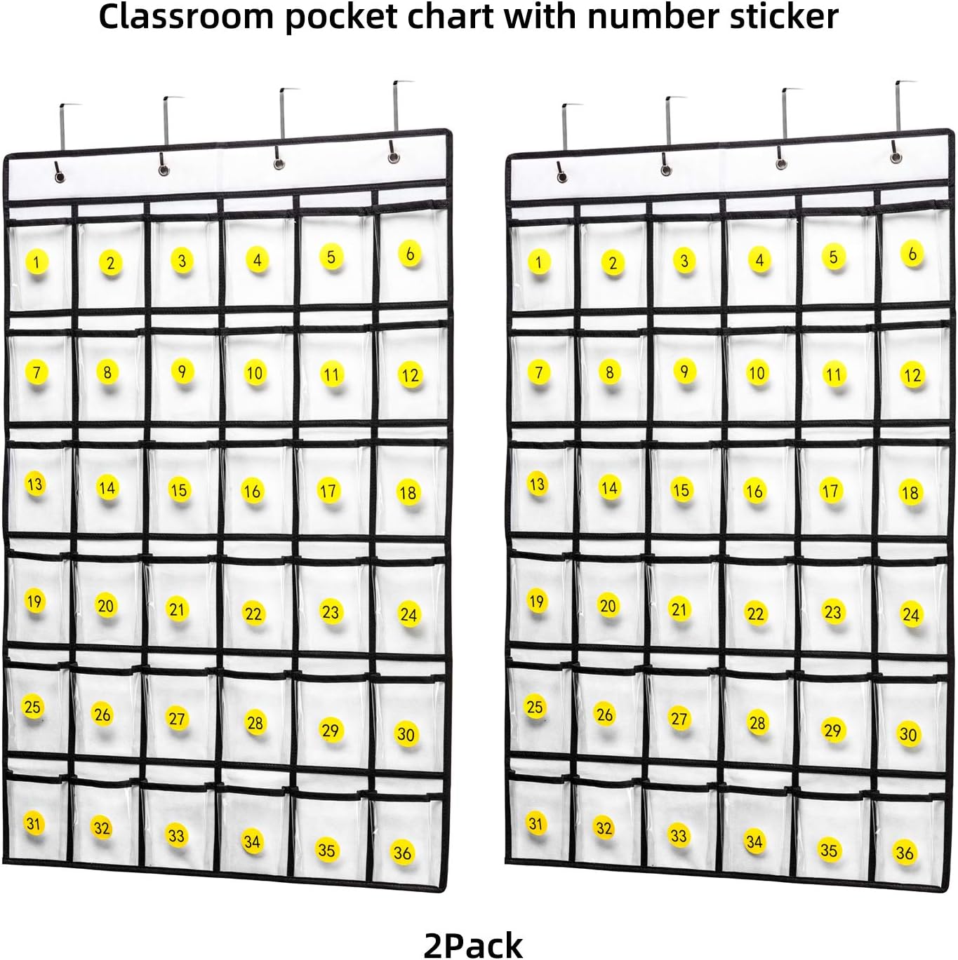 2 Pack 36 Pockets Classroom Pocket Chart for Cell Phone Calculator Holder,Clear Pocket Chart Organizer for Classroom Cellphone Storage with 36 Number Sticker Size:38.5x25.7 Inch (White-2pack)