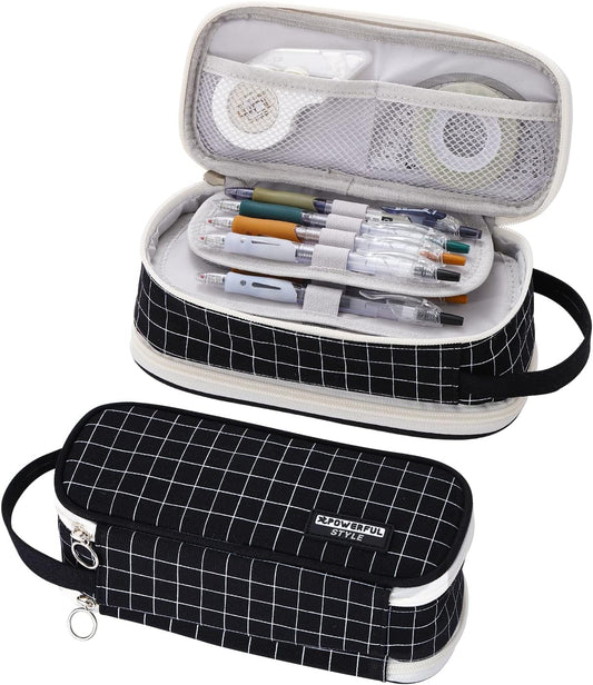 Large Pencil Case Zipper Pencil Pouch for Girls Boys Adults Kids Aesthetic Pencil Bag Organizer Big Capacity Pens Bag with Handle Portable for School Office Black-plaid