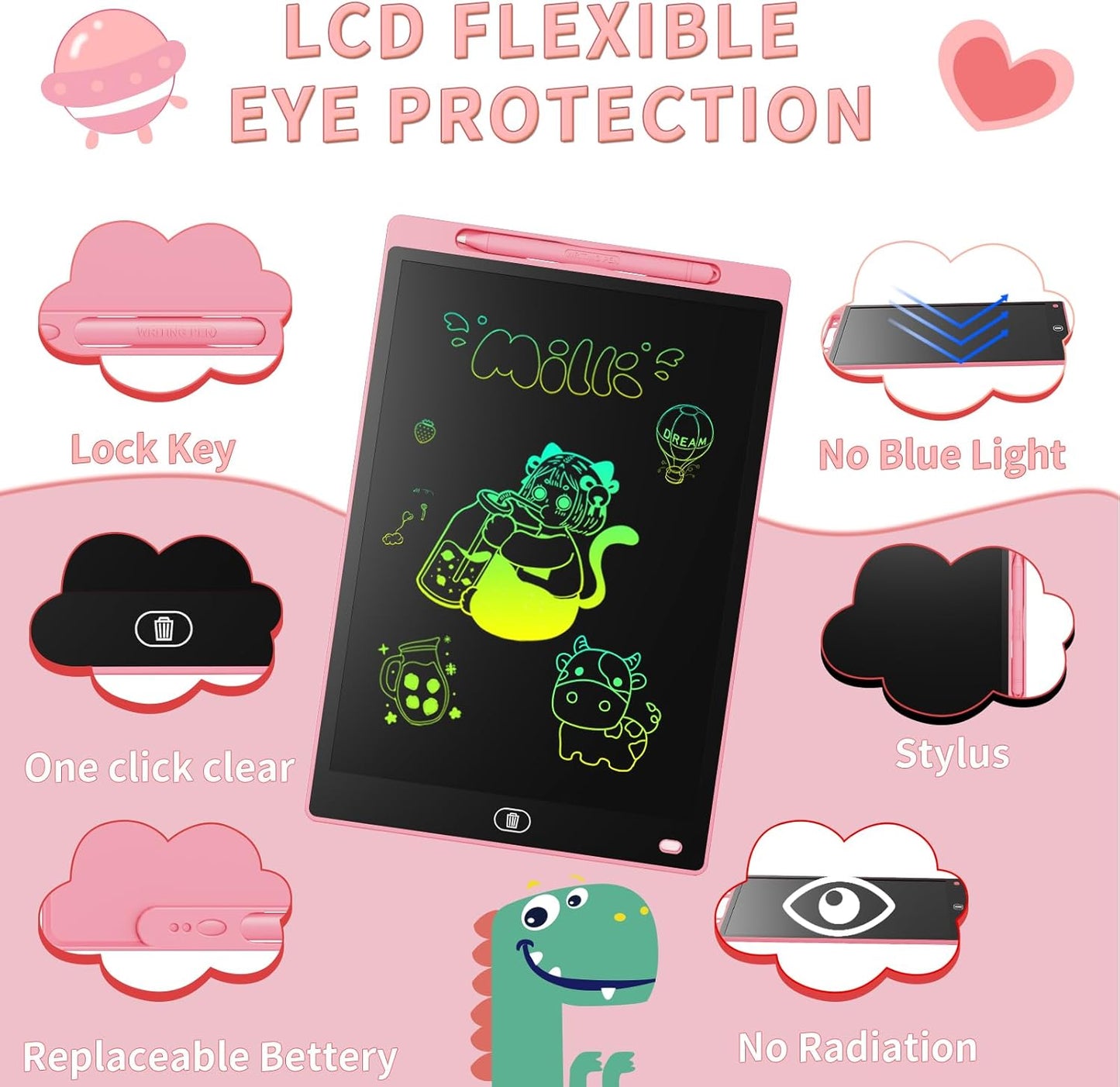 LCD Writing Board 16 Inches, Colourful Electronic Tablet, Portable Erasable Drawing Board, Graphic Tablet for Children's Games 3 4 5 6 7 Year Old Kid Boys Girls (Pink)