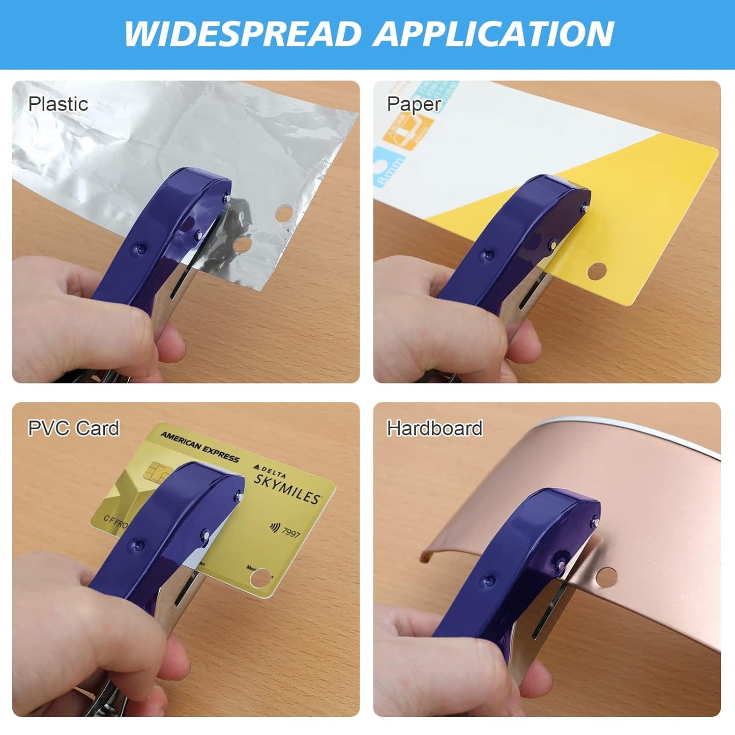 Heavy Duty Single Hole Punch - Portable Hand Held Paper Punch for Tags, Cards, Plastic & Cardboard (8MM Blue)