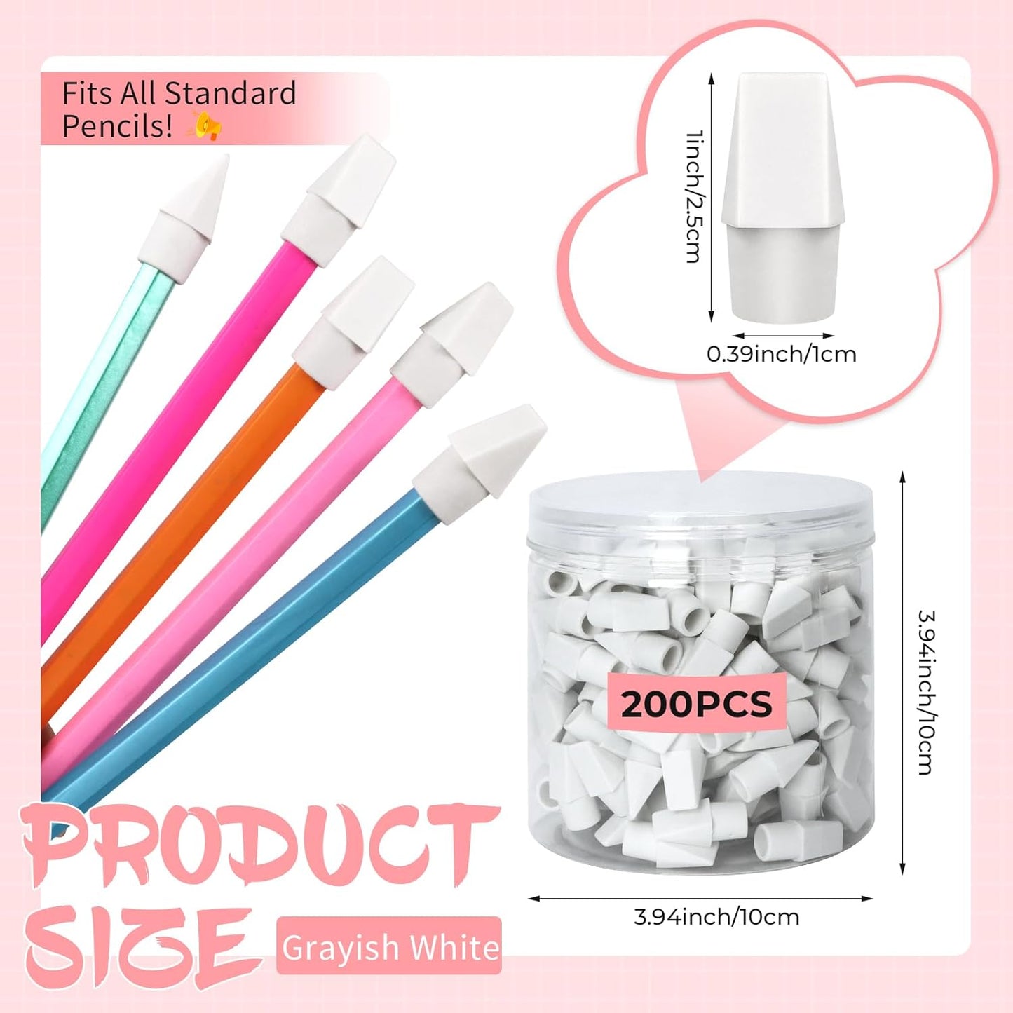 PRALB 200PCS Grayish White Pencil Top Eraser Caps - Compact Bullet Tip Erasers for Home, School & Office Essentials