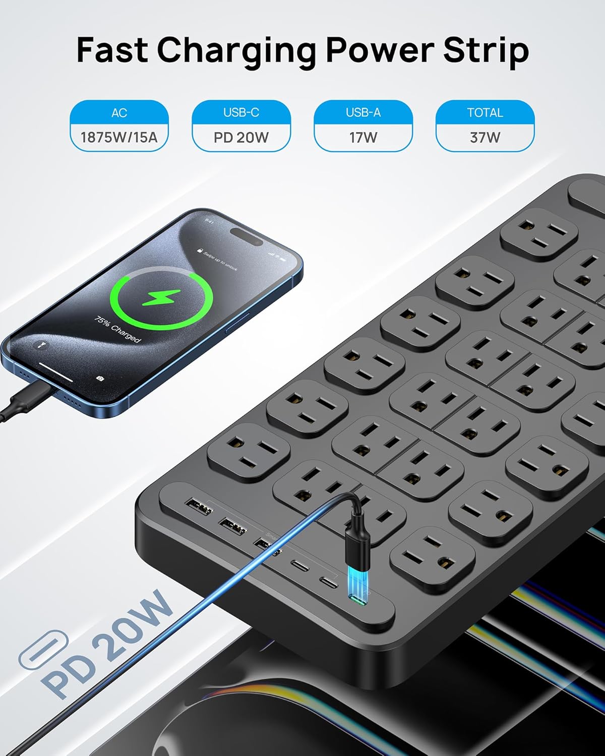 TROND Surge Protector Power Strip, 360° Rotating Flat Plug, 24 AC Outlets, 6 USB Ports Total 37W, 4000 Joules, ETL Listed, 6ft Heavy Duty Extension Cord 1875W for Gaming Dorm Room Essentials Black