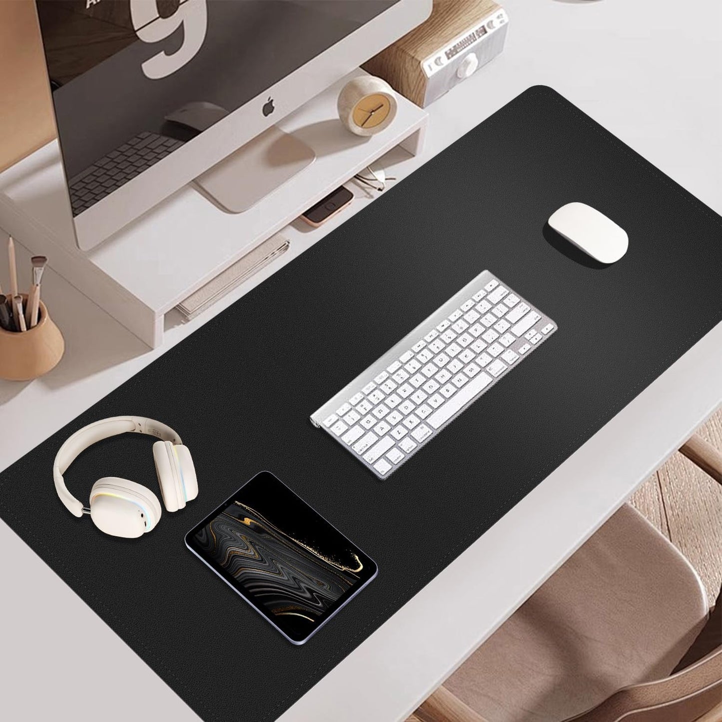 Non Slip Desk Mat, 31.5" x 15.7" PU Leather Desk Pad, Cork Desk Mat for Desktop, Desk Pad for Keyboard and Mouse, Ideal for Office and Home, Black