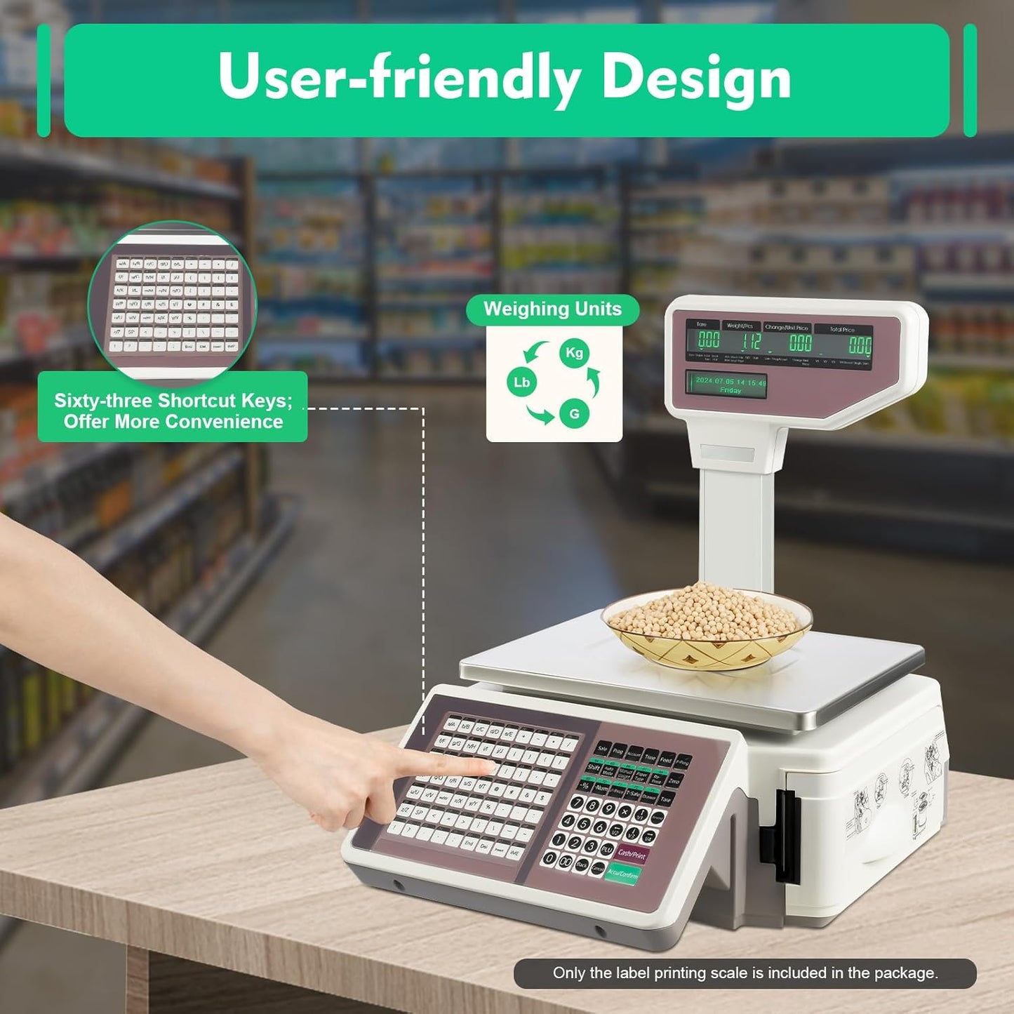 Label Printing Scale with Dual TD Thermal Label & Receipt Printer, 110-220V Electronic Price Computing Scale Pole Display, 66LBS Commercial Barcode Scale for Retail Outlet Store Food Meat Shop