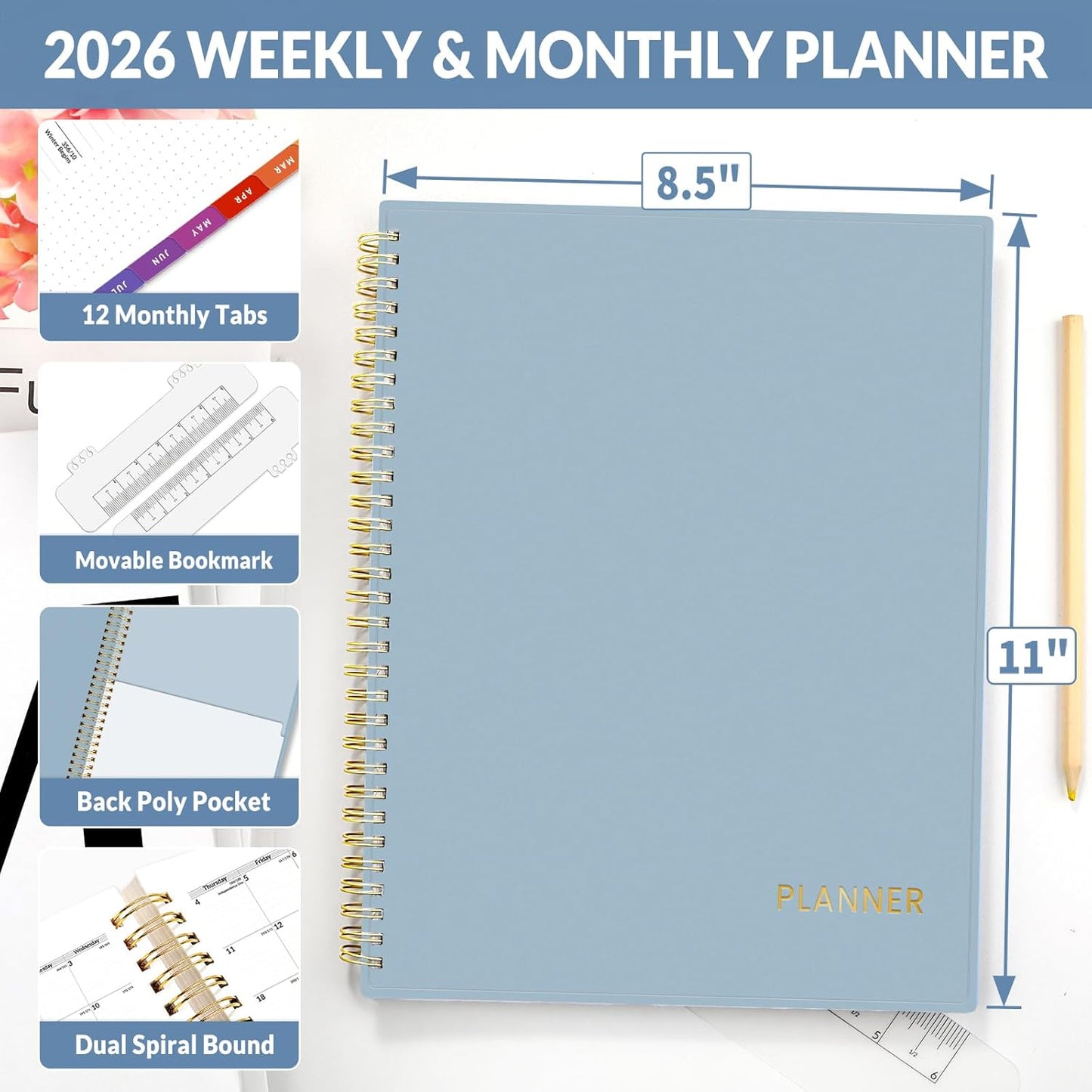 SUNEE 2026 Weekly and Monthly Planner - from January 2026 - December 2026, 8.5"x11" Daily Agenda Planner with Monthly Tab, Flexible Cover, Note Pages, Pockets, Bookmark, Spiral Binding, Gray Blue