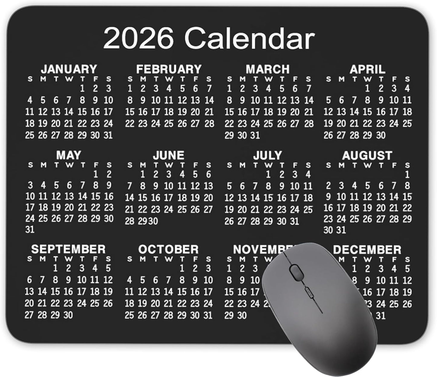 Non-Slip Rubber Mouse Pad， 2026 Calendar Horizontal Version Calendar Black Mouse Mat Mouse Pad Office Gaming Mousemat 9.5 inch x 7.9 inch