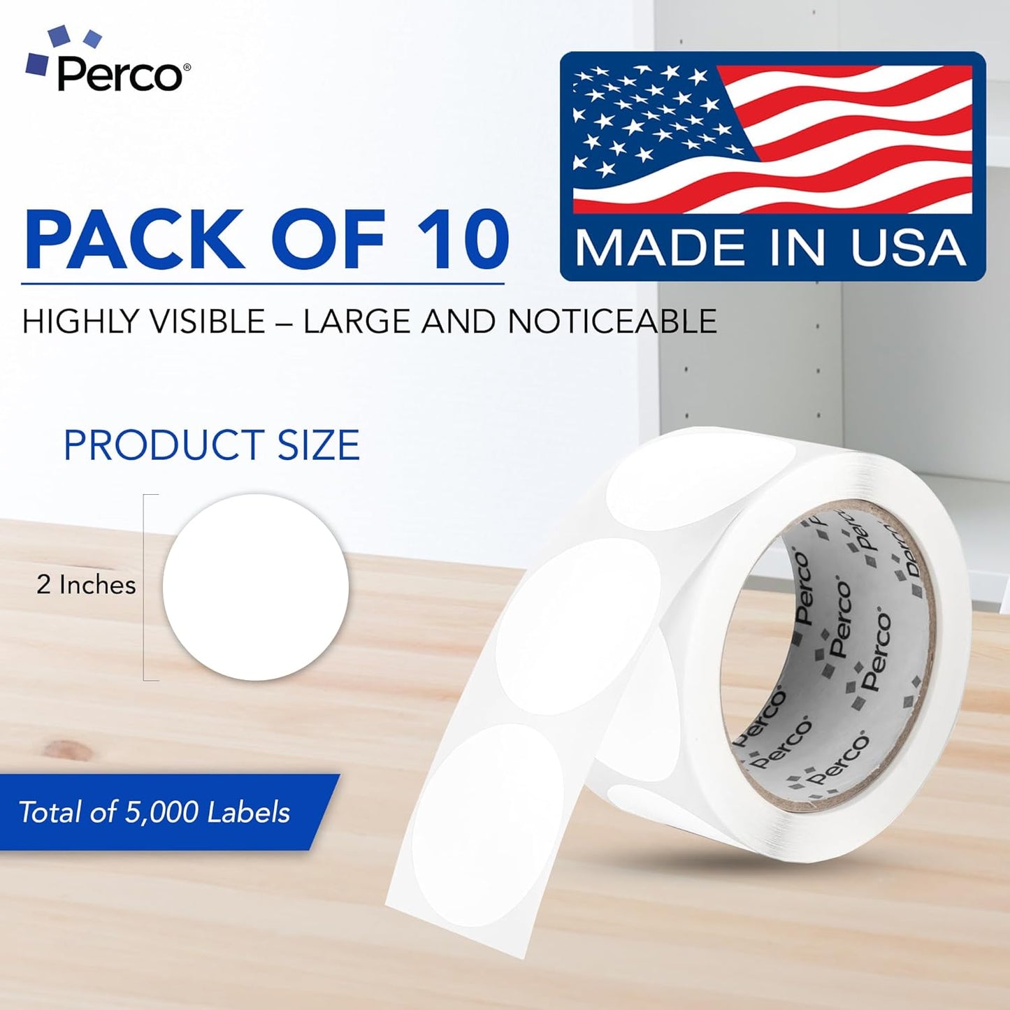 Perco White 2-Inch Perforated Circle Dot Sticker Labels — 10 Rolls, 5,000 Round Stickers — with Permanent Adhesive for Organizing, Color Coding, Bin Labeling, Packaging Alerts—Made in USA