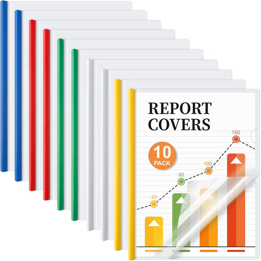 JOERSH 10Pcs Clear Report Covers with Sliding Bar, 40 Sheet Capacity Plastic Binder Paper Protector, Report Folders with Clear Cover for Resume File Documents, 5 Colors