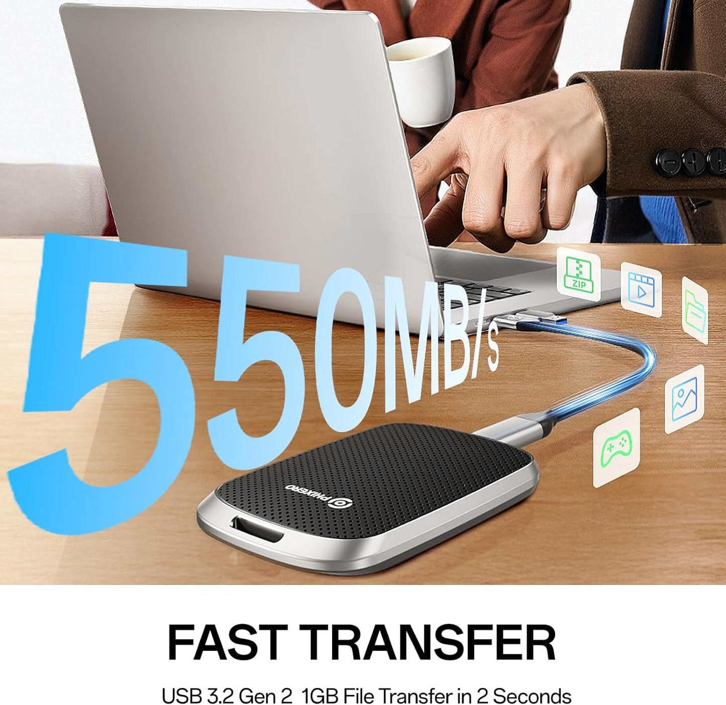 PHIXERO P5PLUS Portable SSD 1TB Up to 550MB/s, USB 3.2 Gen 2 External Solid State Drive，USB C to C&A for Smartphone，Tablet，PC，Labtop (Black)