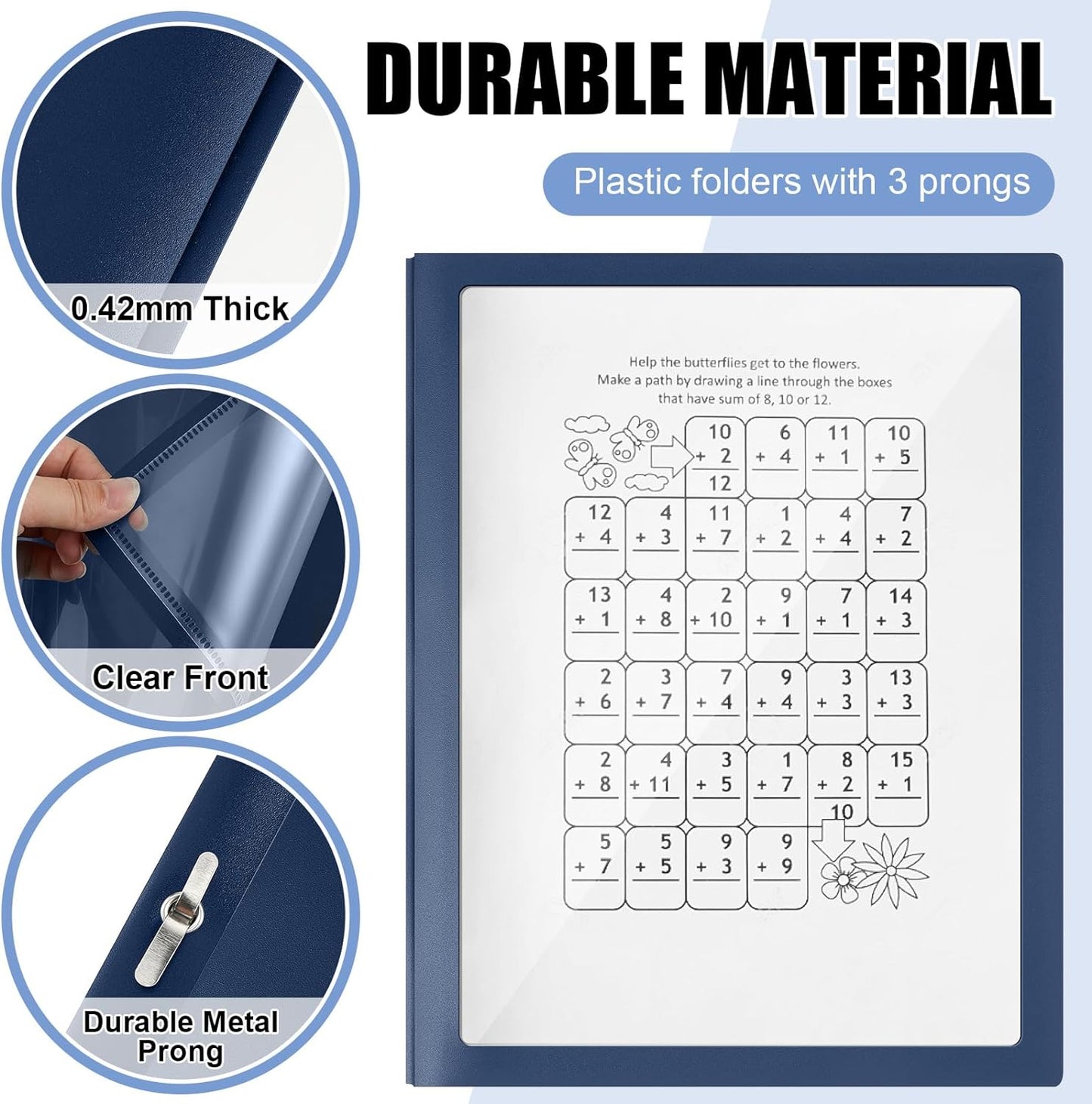 Teling 36 Pcs Report Covers with 3 Prong Fasteners Clear Front Presentation Folders Frame View Poly Report Folder Presentation Binder for Paper Document School Office (Navy Blue)