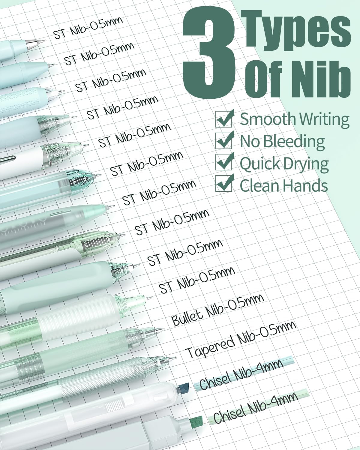 Four Candies 14Pack Pastel Gel Ink Pen Set,Cute Retractable 0.5mm Fine Point Pen,Note Taking Aesthetic Pens,12 Pack Black Ink Pens with 2Pack Highlighter, Smooth Writing Pens for School, Office(Green)