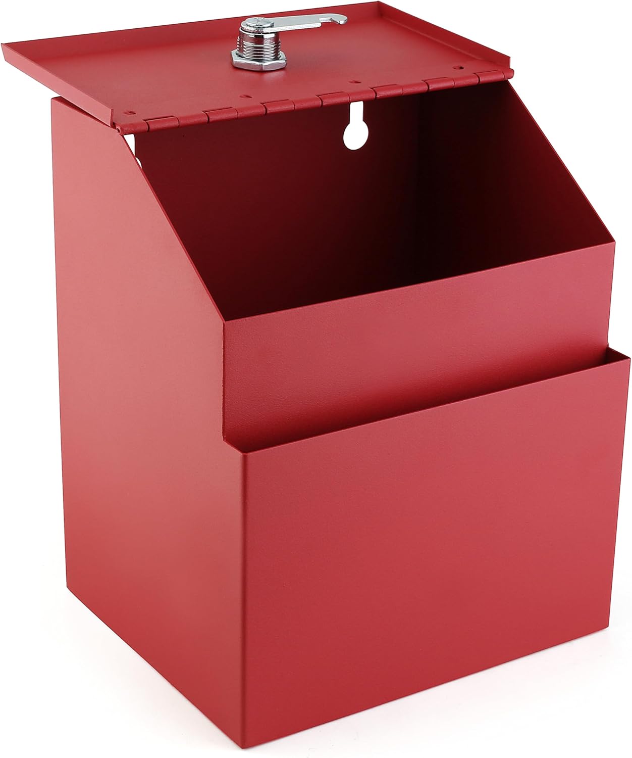 Suggestion Box with Lock and keys, Metal Wall Mounted Ballot Box, Iron steel Donation and Collection Drop Box 8.5" H x 6" W x 7" L with wide 5.5" Slot and front sheet holder (Red)