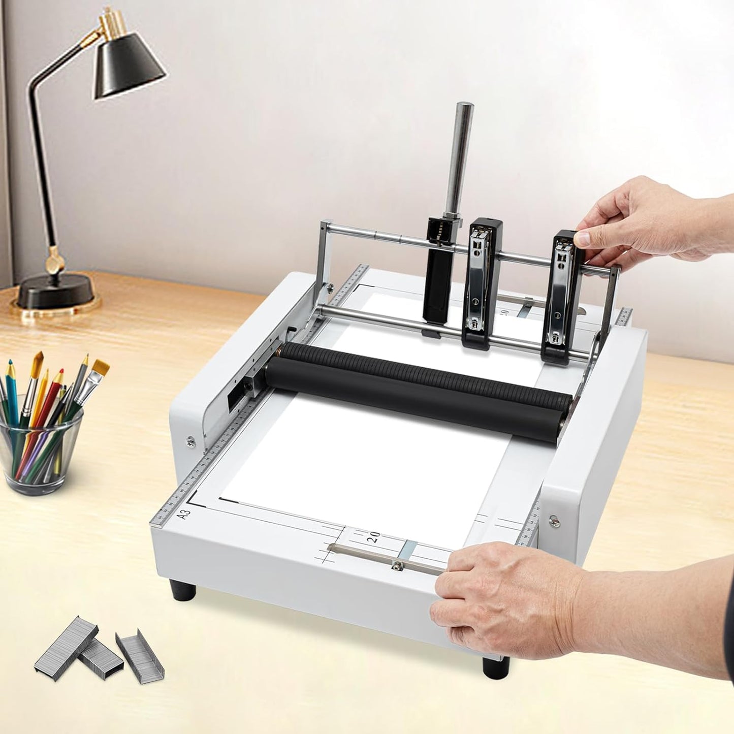 A3 Folding Binding Machine 110V Paper Folding Staple Binding Machine 60W Booklet Making Printing Binder Bookbinding Stapling Equipment Folder Making Binding Industry Factories Schools