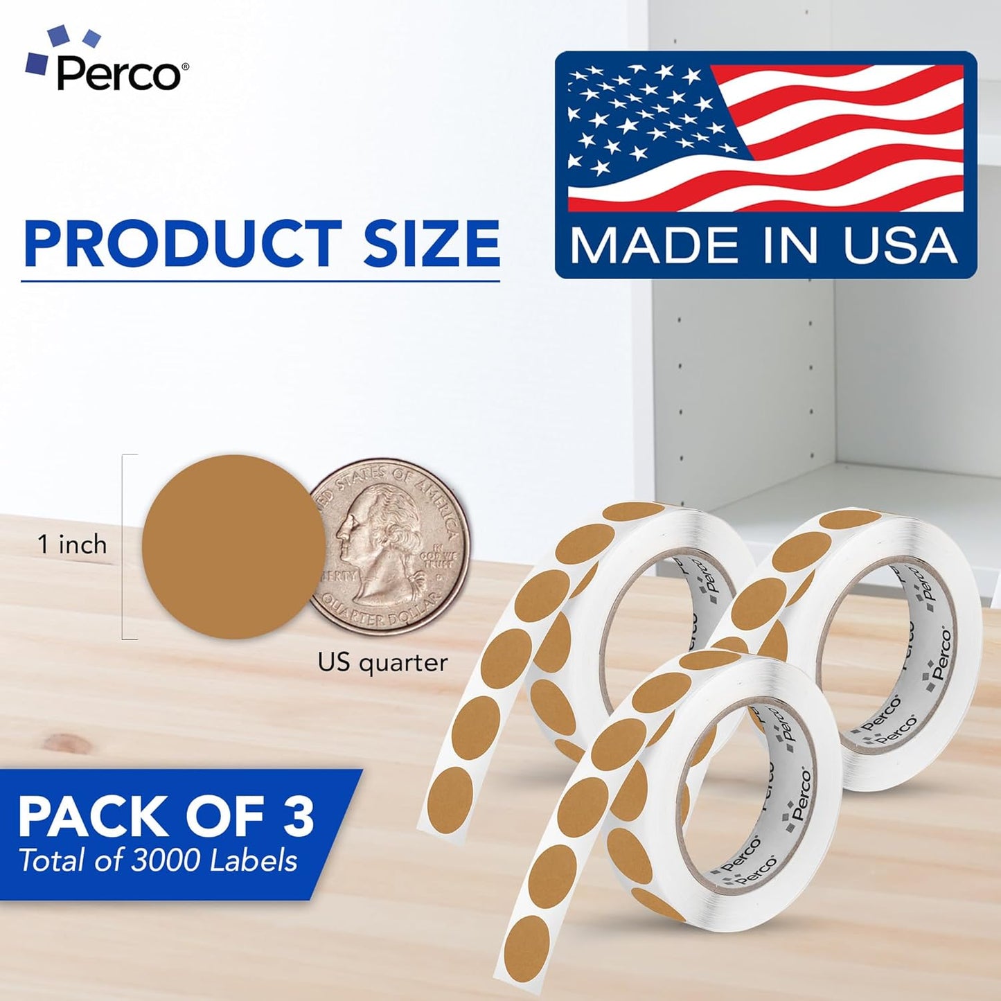 Perco Kraft Brown 1-Inch Round Circle Dot Sticker Labels - Multi-Roll Pack (3 Rolls, 1,000 Labels Each) - Permanent Adhesive, Natural, Cardboard-Like Surface - Perforated for Easy Use - Made in USA