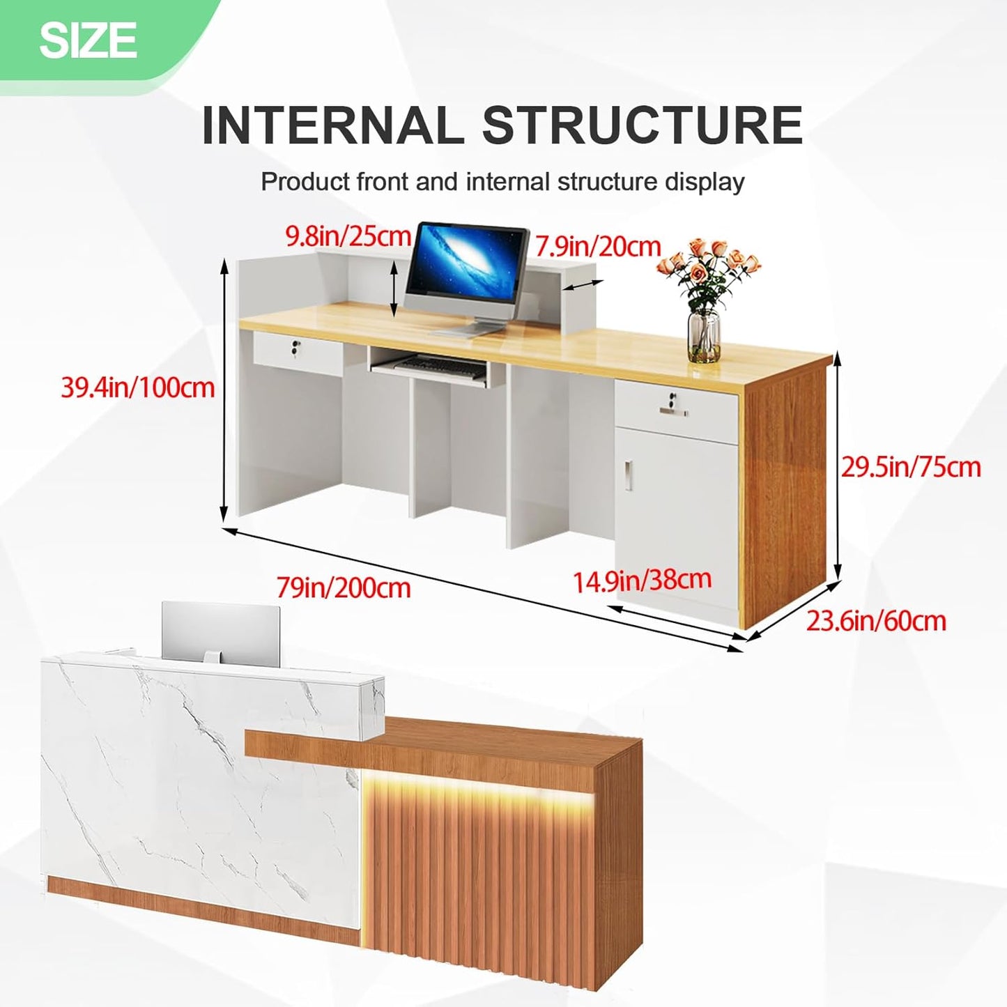 Modern Reception Desk with Counter and Drawer Office Front Desk with Cabinet Wooden Commercial Reception Table Checkout Counter for Retail Salon Lobby White and Brown Right 79inch/200cm