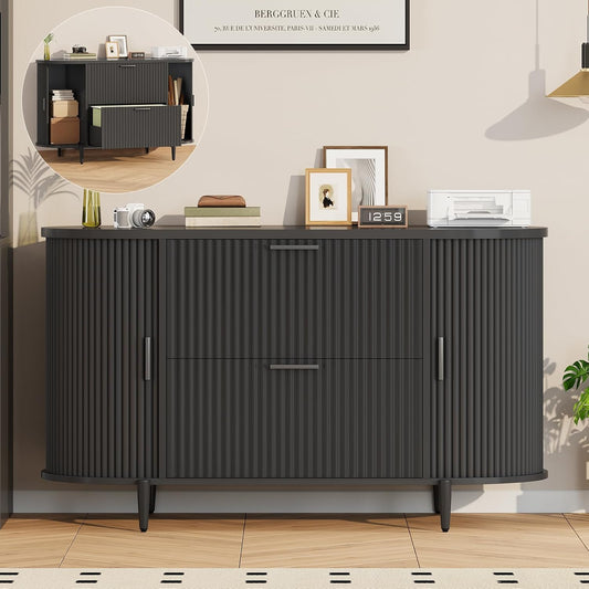 SEDETA 39.4" Filing Cabinet for Home Office, 2 Drawer File Cabinet, fit Legal/Letter/A4 Size, Modern Fluted Filing Cabinets with 2 Sliding Door Storage, Printer Stand, Black