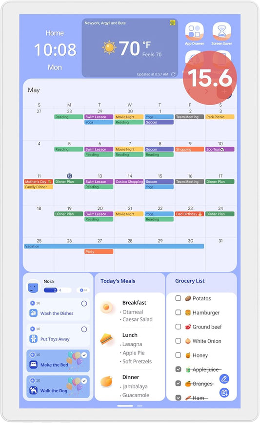 Digital Calendar 15.6'' Wall Touch Screen Chore Chart Customize Dashboard Smart Electronic Calendar Digital for Family Meal Planner Support All Google Play Apps with Stand Wall Mount White