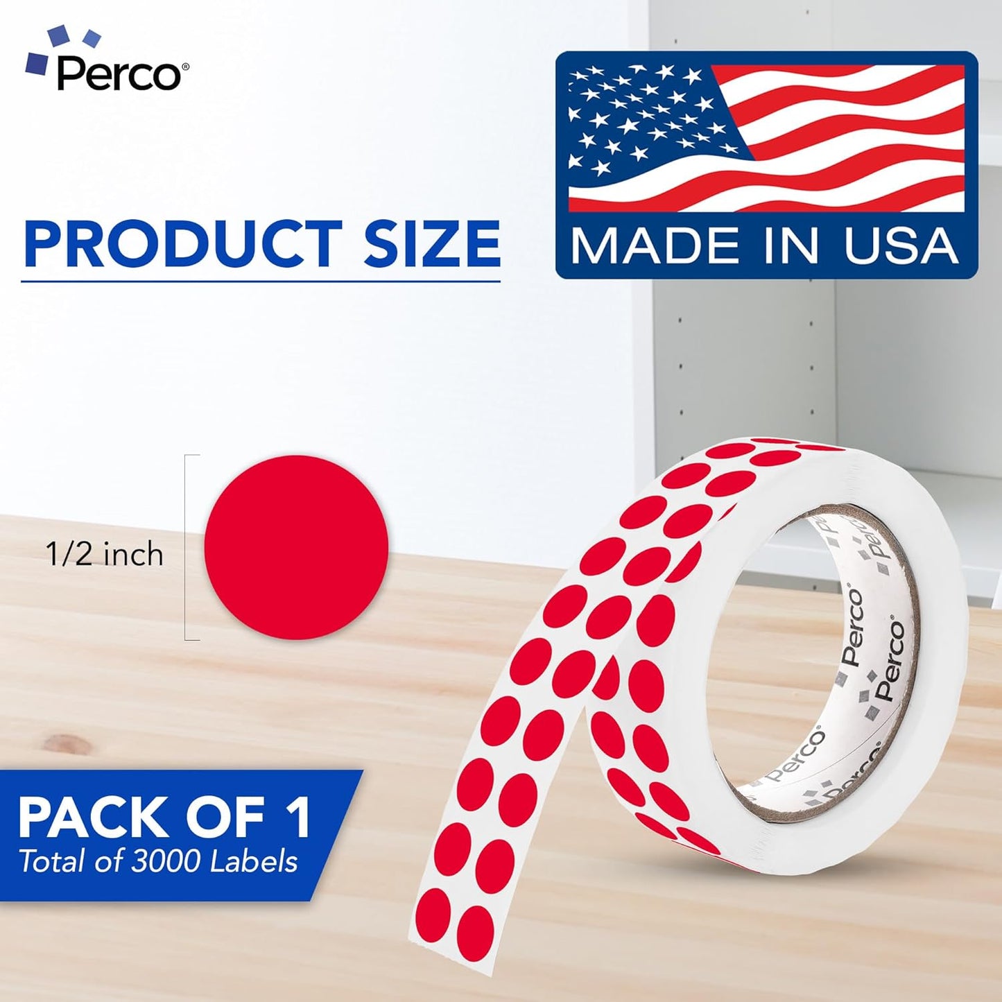 Perco Red 1/2-Inch Round Circle Dot Sticker Labels with Easy Peel Perforation - 3,000 Labels per Roll - Strong Adhesion, Vibrant Colors for Organizing, Crafting & More - Made in USA