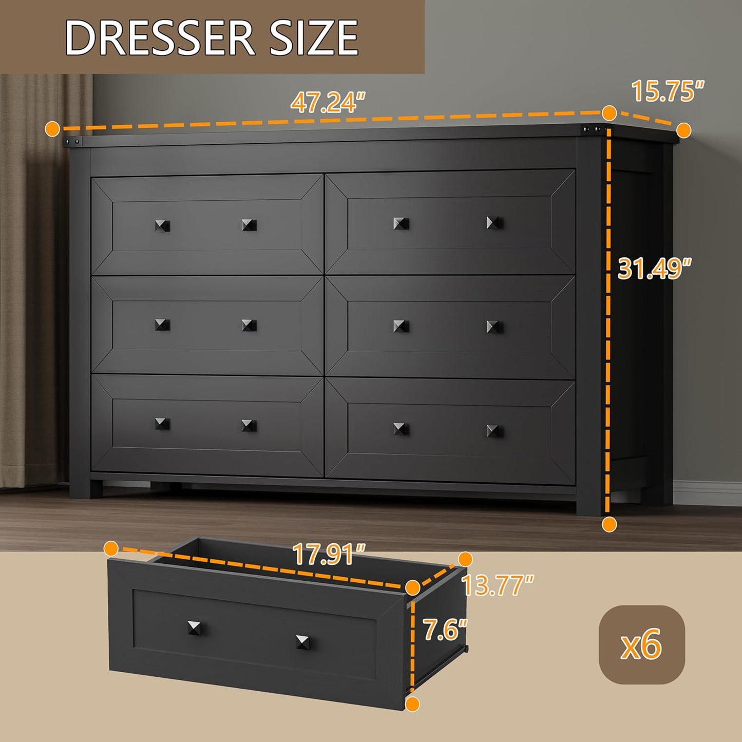 6-Drawer Dresser, Modern Wooden Storage Chest of Drawers, Dresser TV Stand, Wood Drawer Organizer with Metal Handles for Bedroom, Living Room, Hallway
