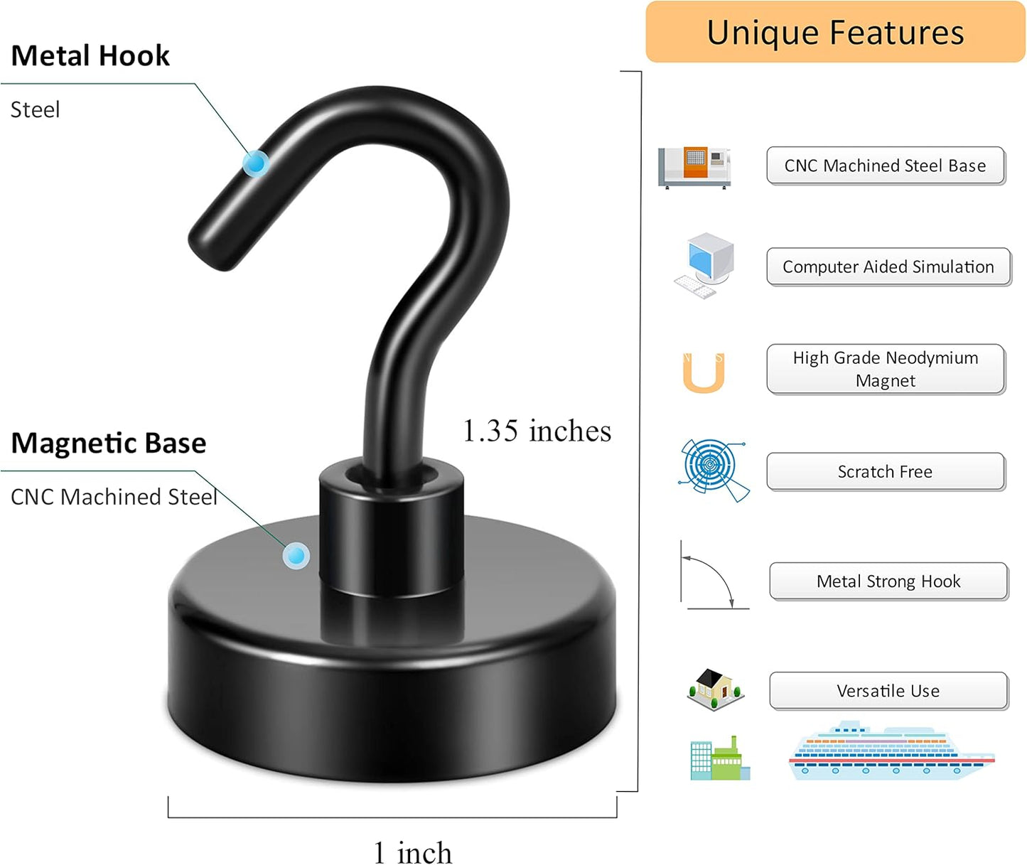 Neosmuk Magnetic Hooks, Heavy Duty Earth Magnets with Hook for Refrigerator, Extra Strong Cruise Hook for Hanging, Magnetic Hanger for Curtain, Grill(Matte Black,4 Pack)