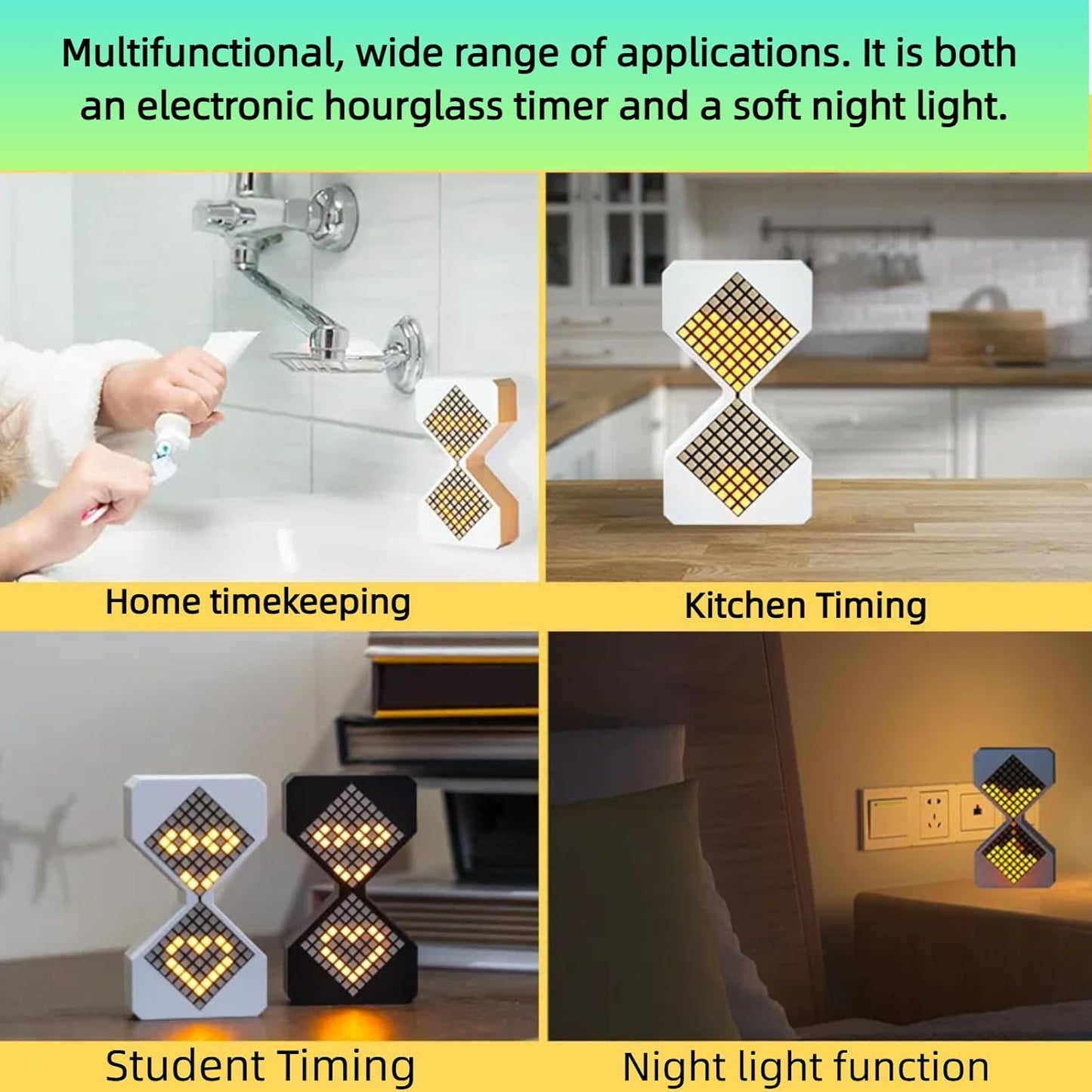 Digital Hourglass 1-30 Minute Freely Adjustable Gravity Timer Dynamic Flow Cube Led Night Light Hourglass Timer for Classroom Home Office Cooking (White, Green Light Source)