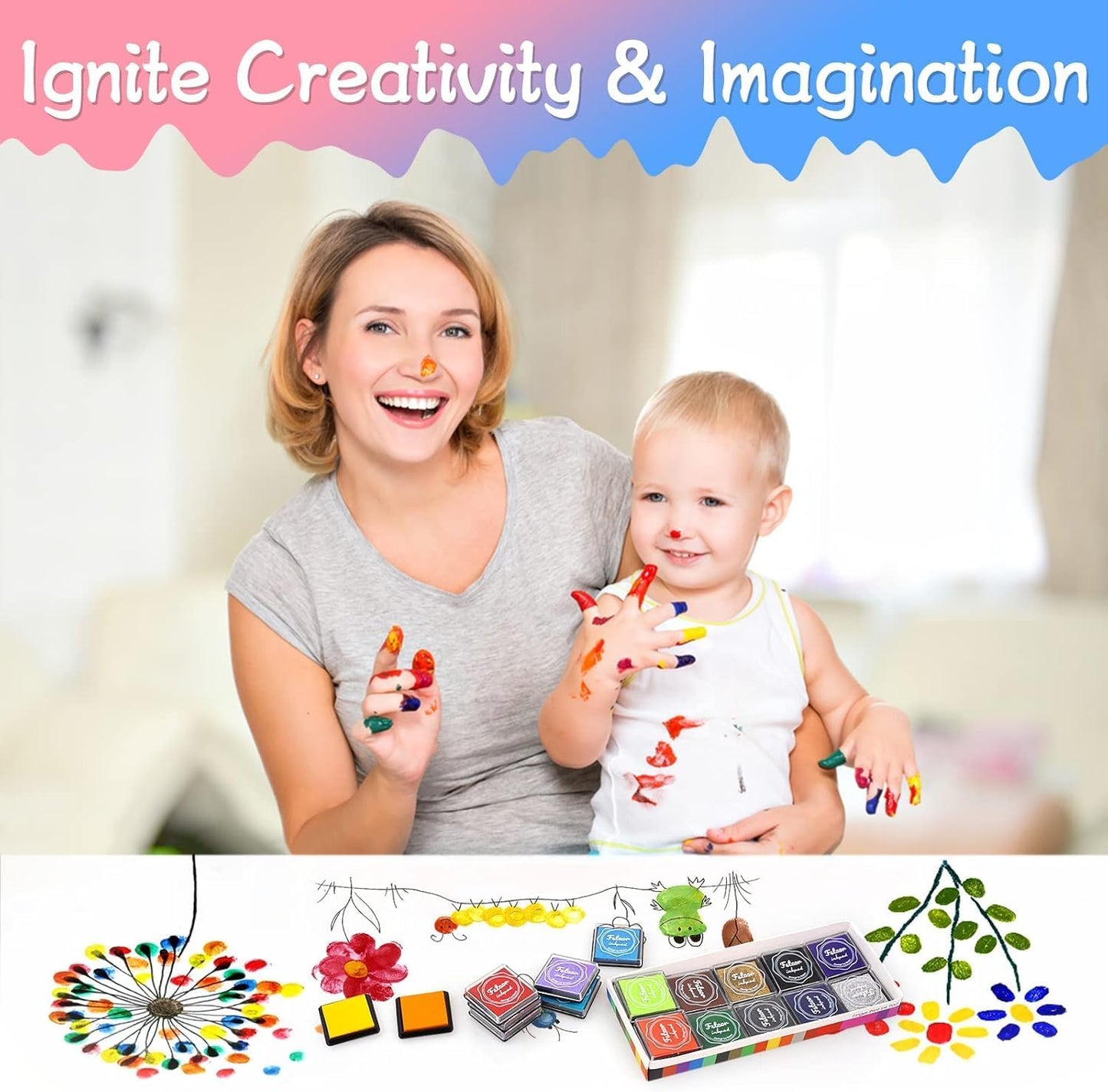 MOYBMG 20 Colors Washable Ink Pads for Kids Rubber Stamps, Fingerprint Crafts Stamp Pad for Kids, Paper, Scrapbook, Fabric, Wood (Pack of 20)