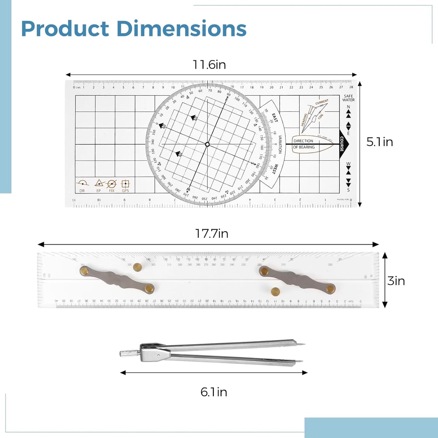 3 Pcs Basic Navigation Set, Including Marine Parallel Ruler, Nautical Protractor, and Navigation Fixed Point Divider, Marine Accessories with Clear Scales for Boat