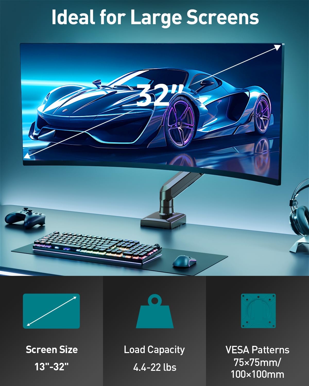 Single Monitor Desk Mount, 13-32 inch Adjustable Gas Spring Monitor Arm, Computer Monitor Stand Holder with Clamp and Grommet Base, Fits 4.4 to 22lbs Screens, VESA Mount Bracket, Black, Freelift Pro