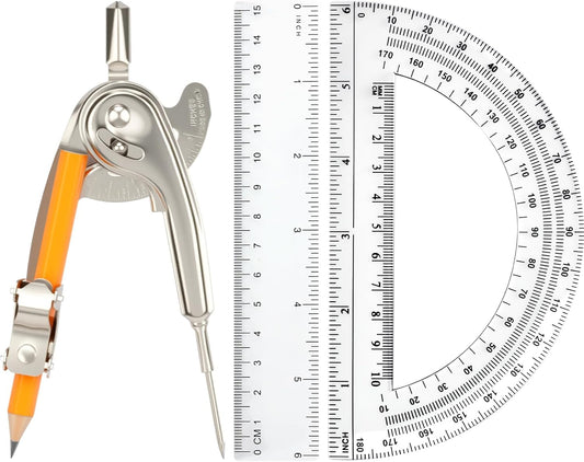 4 Pieces Geometry Math Set Compass for Geometry Math Compass and Protractor Set Include Metal Compass with Pencil Plastic Ruler and Protractor for Student School Office Woodworking Drawing Tools