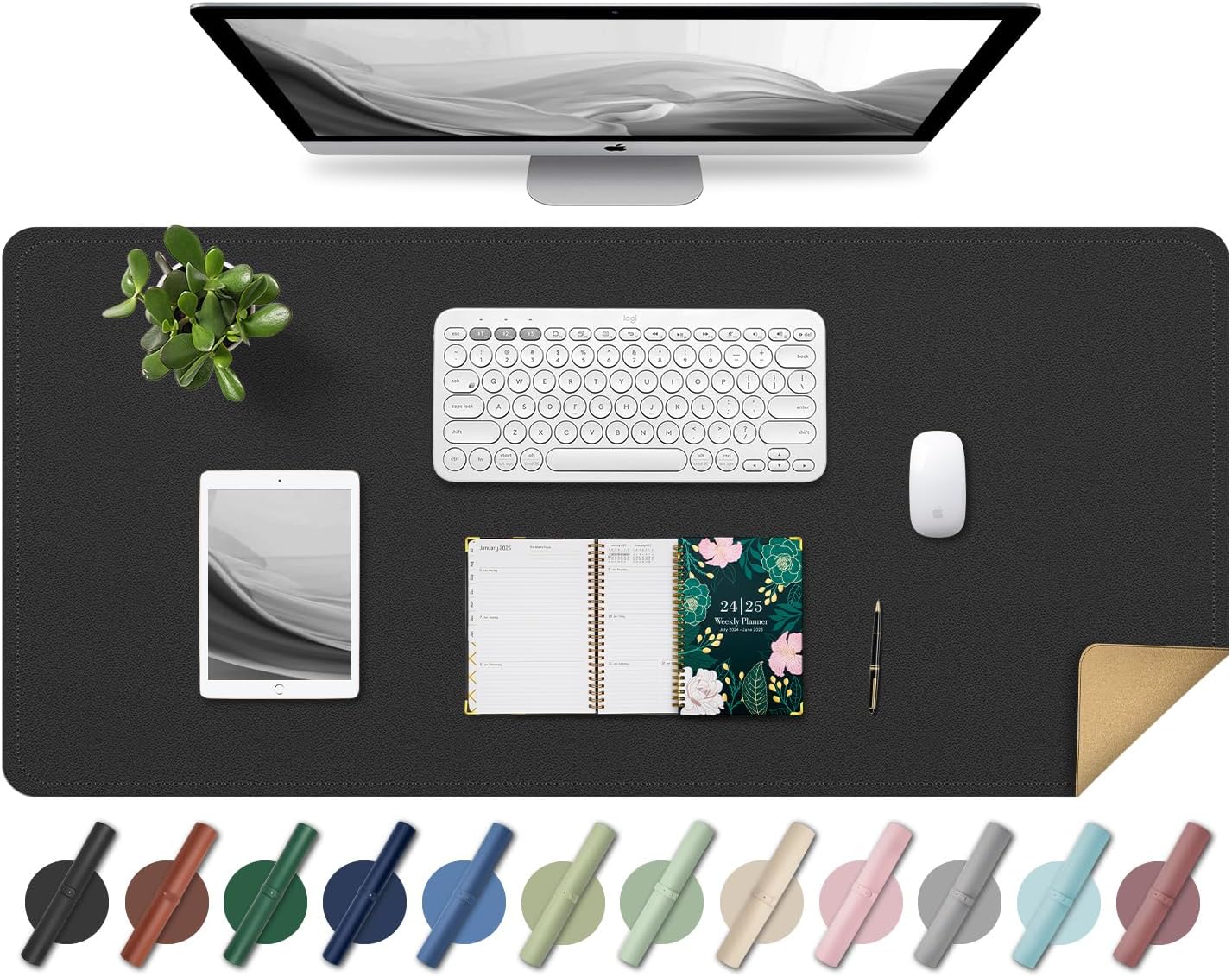 Large Desk Pad 35.4" x 17", Non-Slip Desk Mat with PU Leather & Natural Cork, Waterproof Writing Desk Natural Cork, Computer Mat Desk Protector for Office Home, Black
