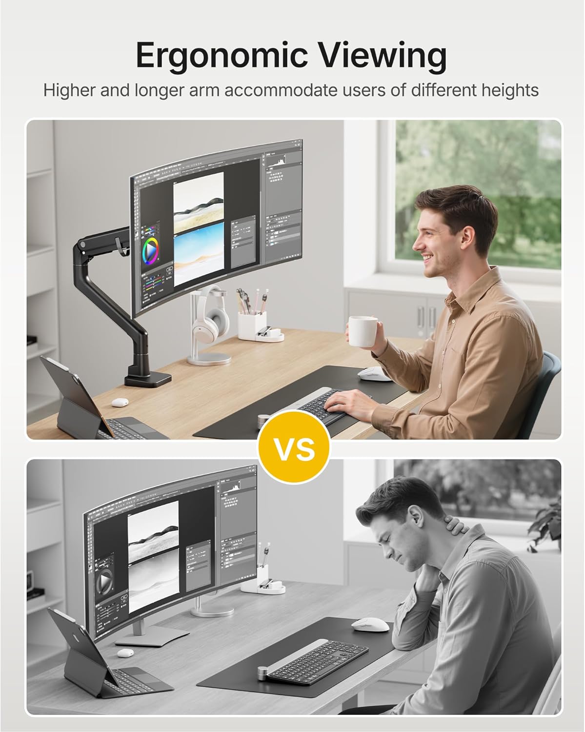 monTEK Heavy-Duty Monitor Arm for 17-57" Ultrawide Curved Screen, Supports up to 59.4 lbs, Adjustable Gas Spring Arm, 75/100 VESA Mount, Clamp & Grommet Desk Monitor Mount Single, Black