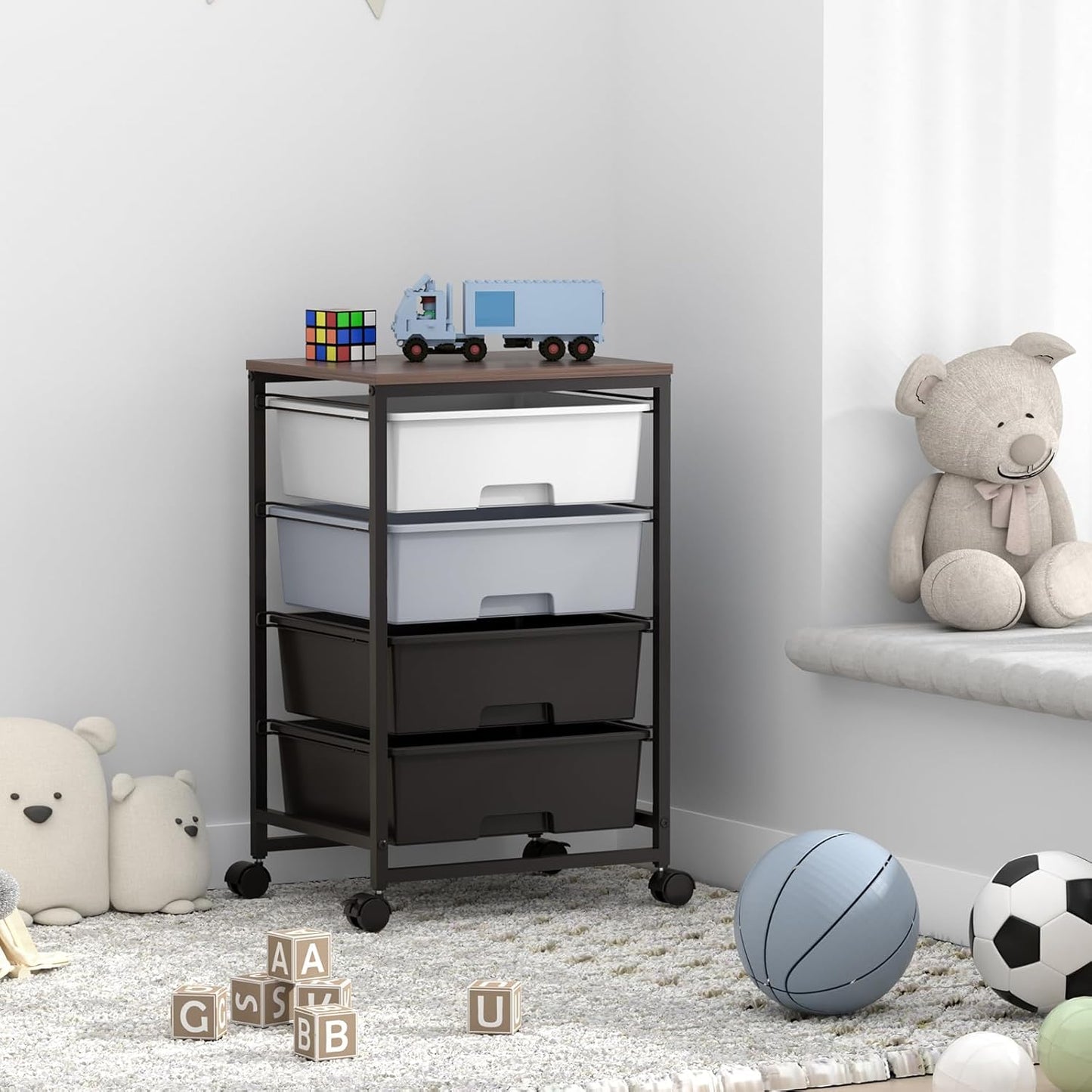 Utility Cart with 4 Drawers,Rolling Storage Cart with Drawers,Light Grey