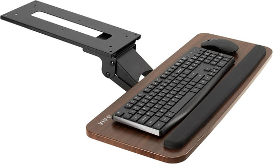 VIVO Adjustable Computer Keyboard and Mouse Platform Tray, Ergonomic Under Table Desk Mount Drawer Underdesk Shelf, Dark Wood Top, Black Frame, MOUNT-KB03D