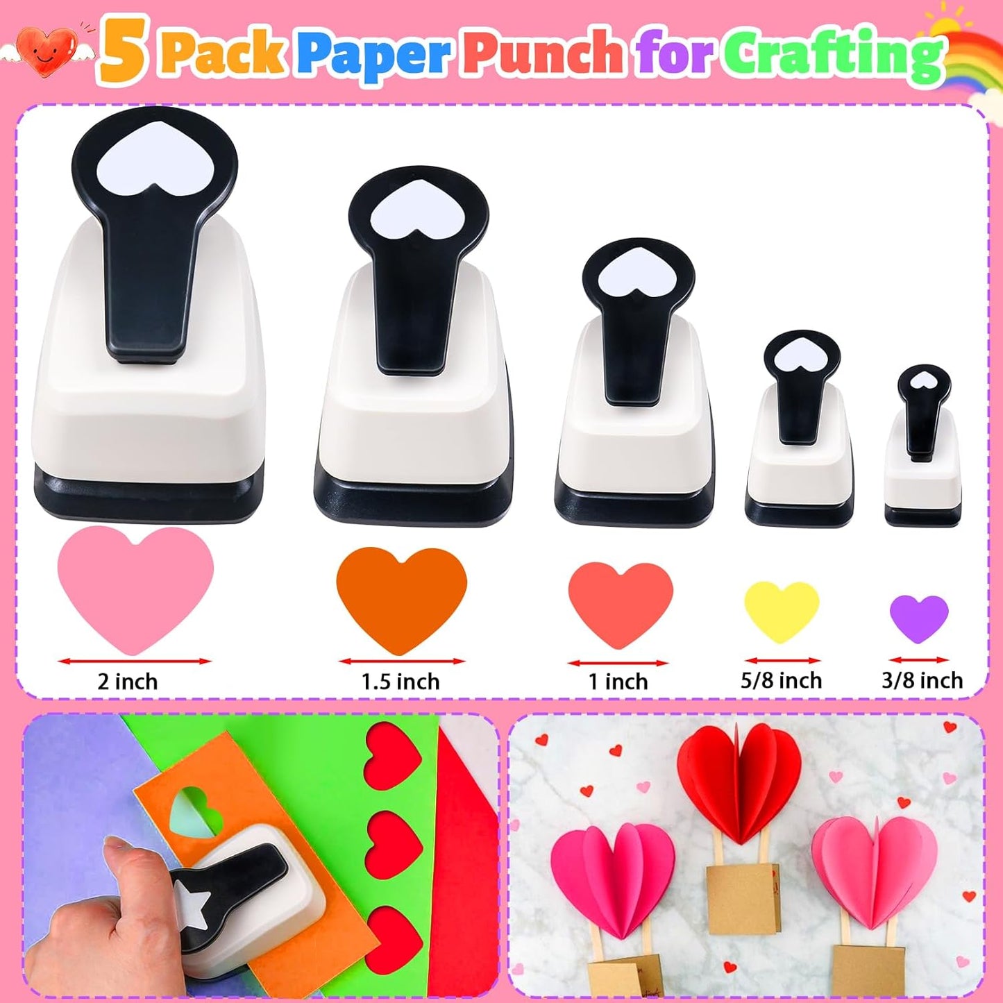 Heart Hole Puncher for Crafts, Heart Paper Cutter, Hearts Paper Punch, Hearts Shaped Puncher, Craft Punches for Card Making, 3/8 in, 5/8 in, 1 in, 1.5 in, 2 inch Scrapbooking Punch - 5 Pcs