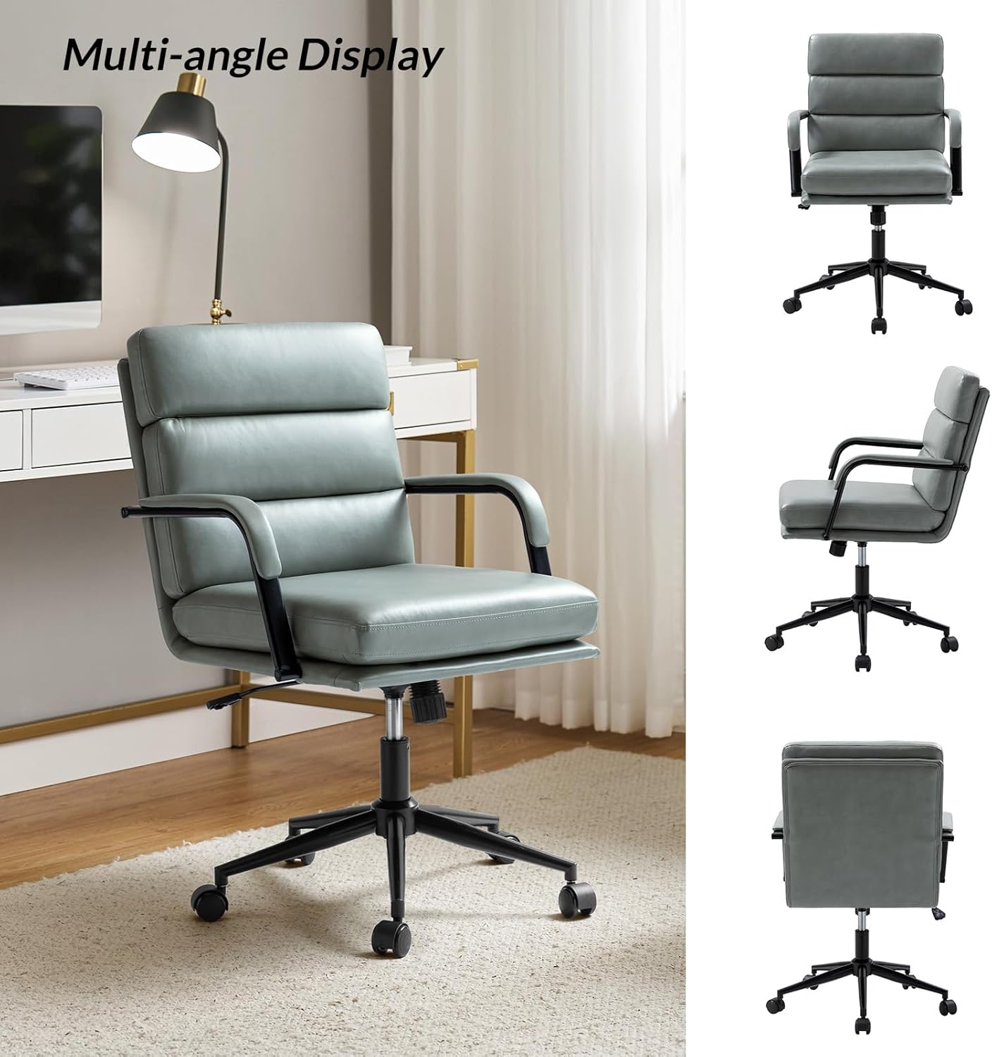 HULALA HOME Modern Faux Leather Home Office Chair with Tilt Lock & Metal Base, Desk Chair with Wheels & Padded Cushion, 360° Swivel Wide Seat Computer Task Chair, Sage